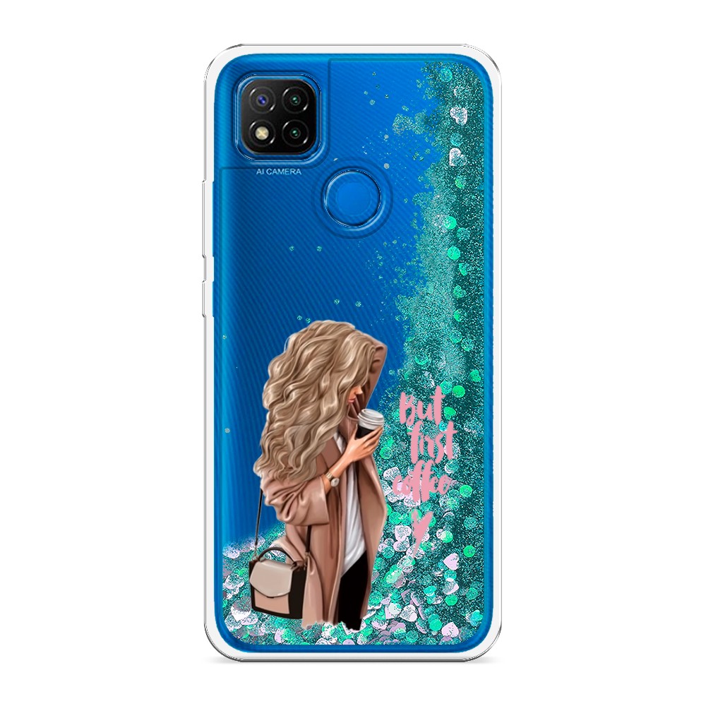 

Жидкий чехол с блестками "Девушка с кофе" на Xiaomi Redmi 9C, Девушка с кофе