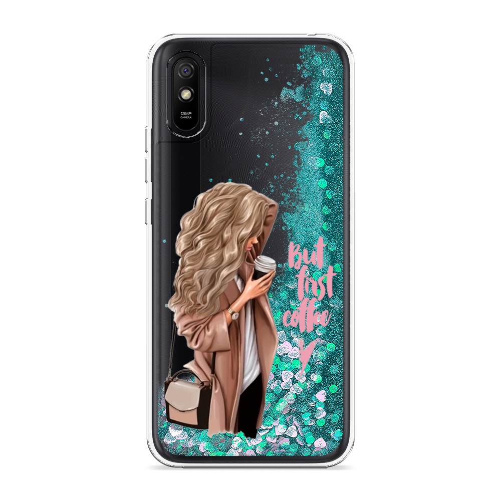 

Жидкий чехол с блестками "Девушка с кофе" на Xiaomi Redmi 9A, Девушка с кофе