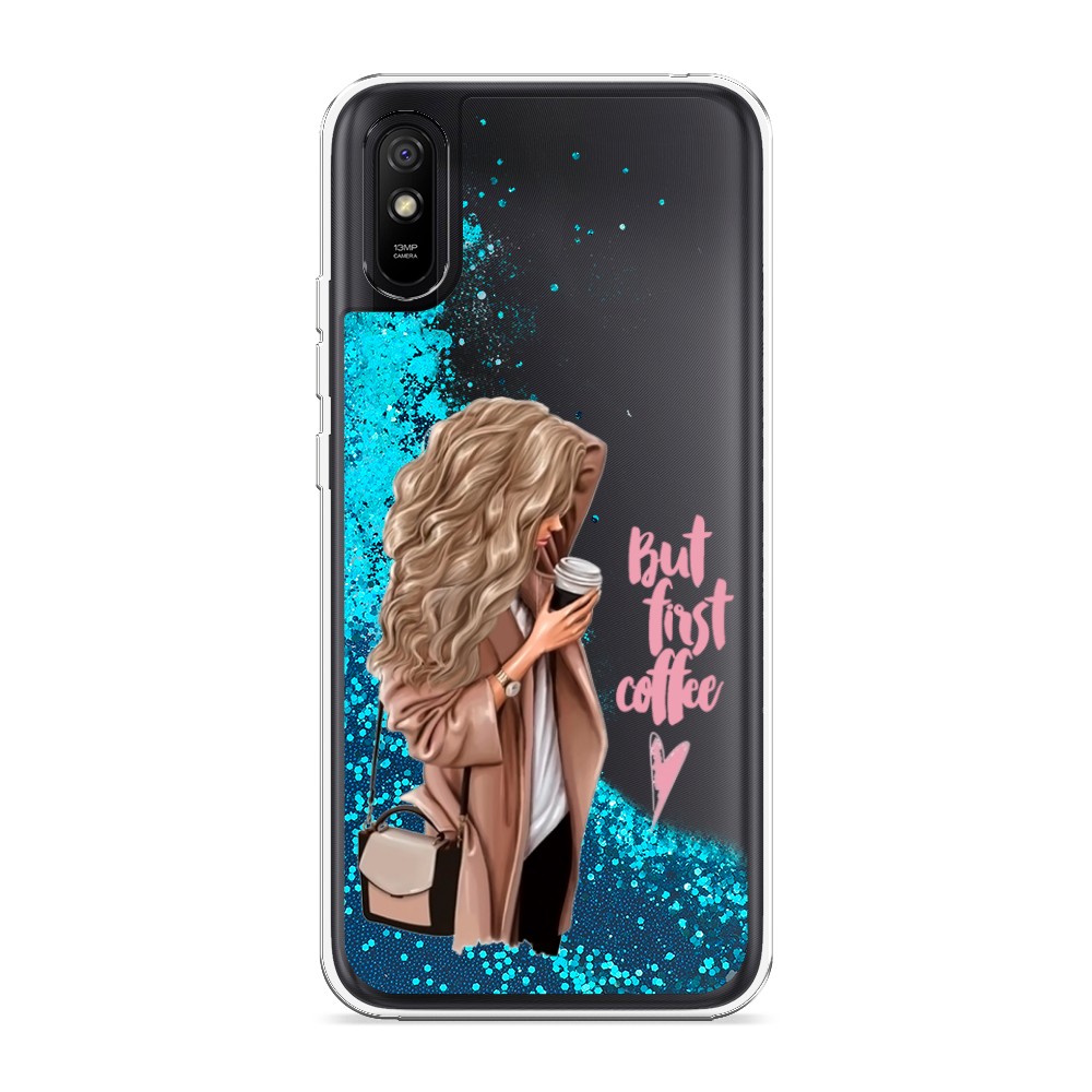 

Жидкий чехол с блестками "Девушка с кофе" на Xiaomi Redmi 9A, Девушка с кофе