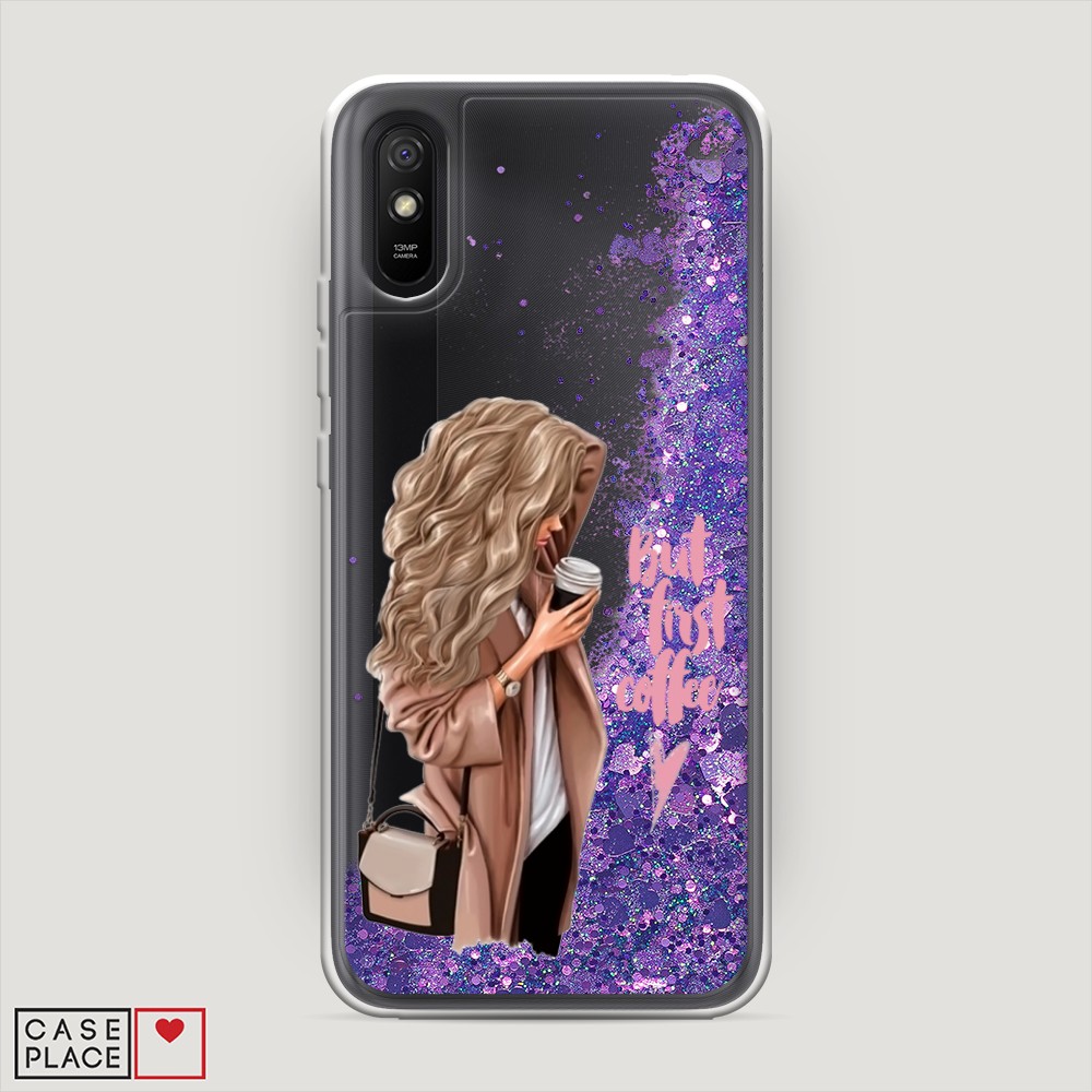 

Жидкий чехол с блестками "Девушка с кофе" на Xiaomi Redmi 9A, Девушка с кофе