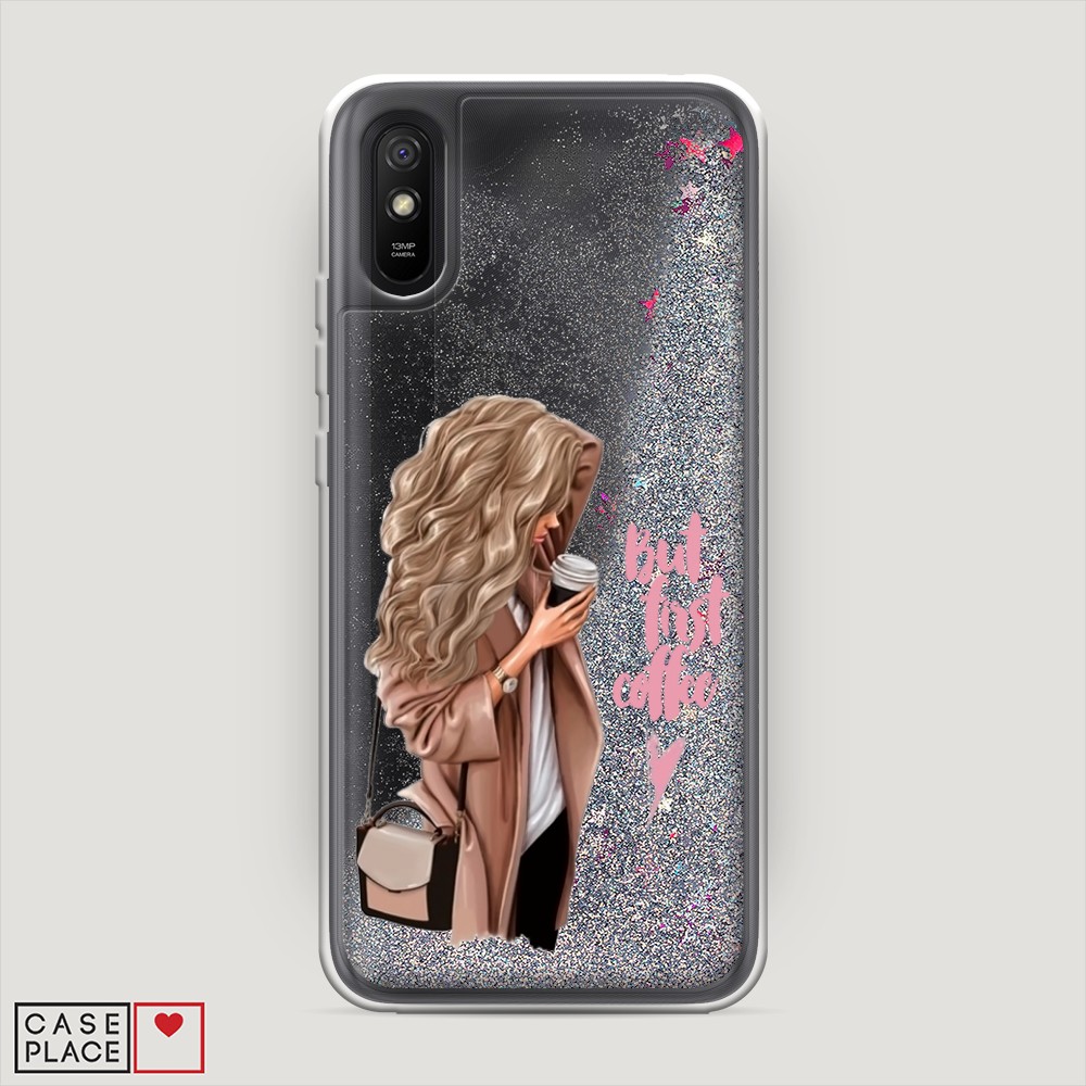 

Жидкий чехол с блестками "Девушка с кофе" на Xiaomi Redmi 9A, Девушка с кофе