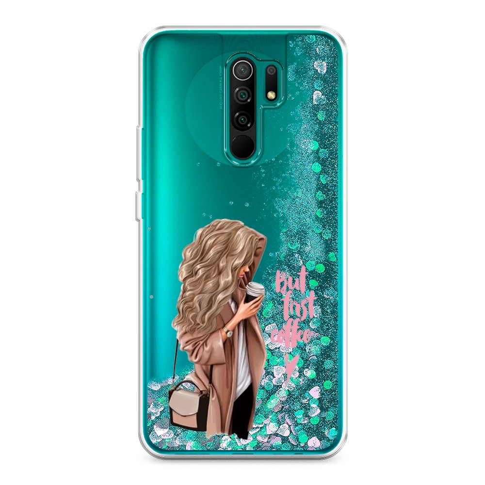 

Жидкий чехол с блестками "Девушка с кофе" на Xiaomi Redmi 9, Девушка с кофе