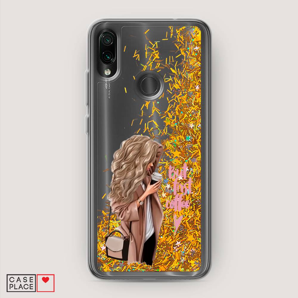 

Жидкий чехол с блестками "Девушка с кофе" на Xiaomi Redmi 7, Девушка с кофе