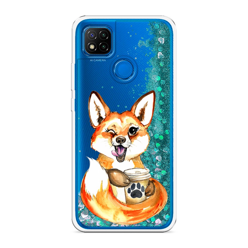 

Жидкий чехол с блестками "Подмигивающая лиса с кофе" на Xiaomi Redmi 9C
