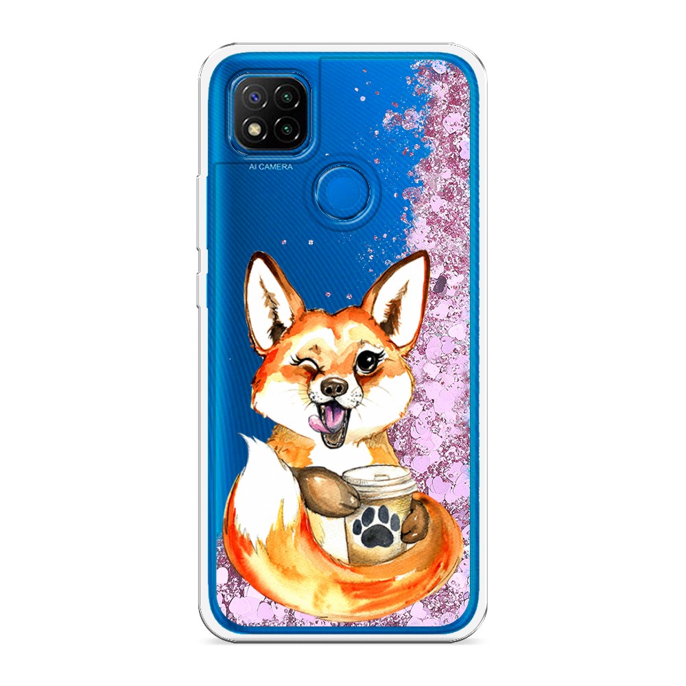 

Жидкий чехол с блестками "Подмигивающая лиса с кофе" на Xiaomi Redmi 9C