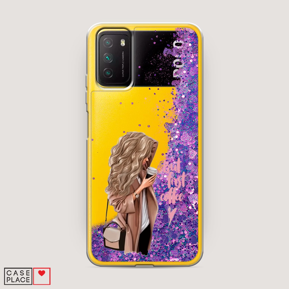 

Жидкий чехол с блестками "Девушка с кофе" на Xiaomi Poco M3, Девушка с кофе