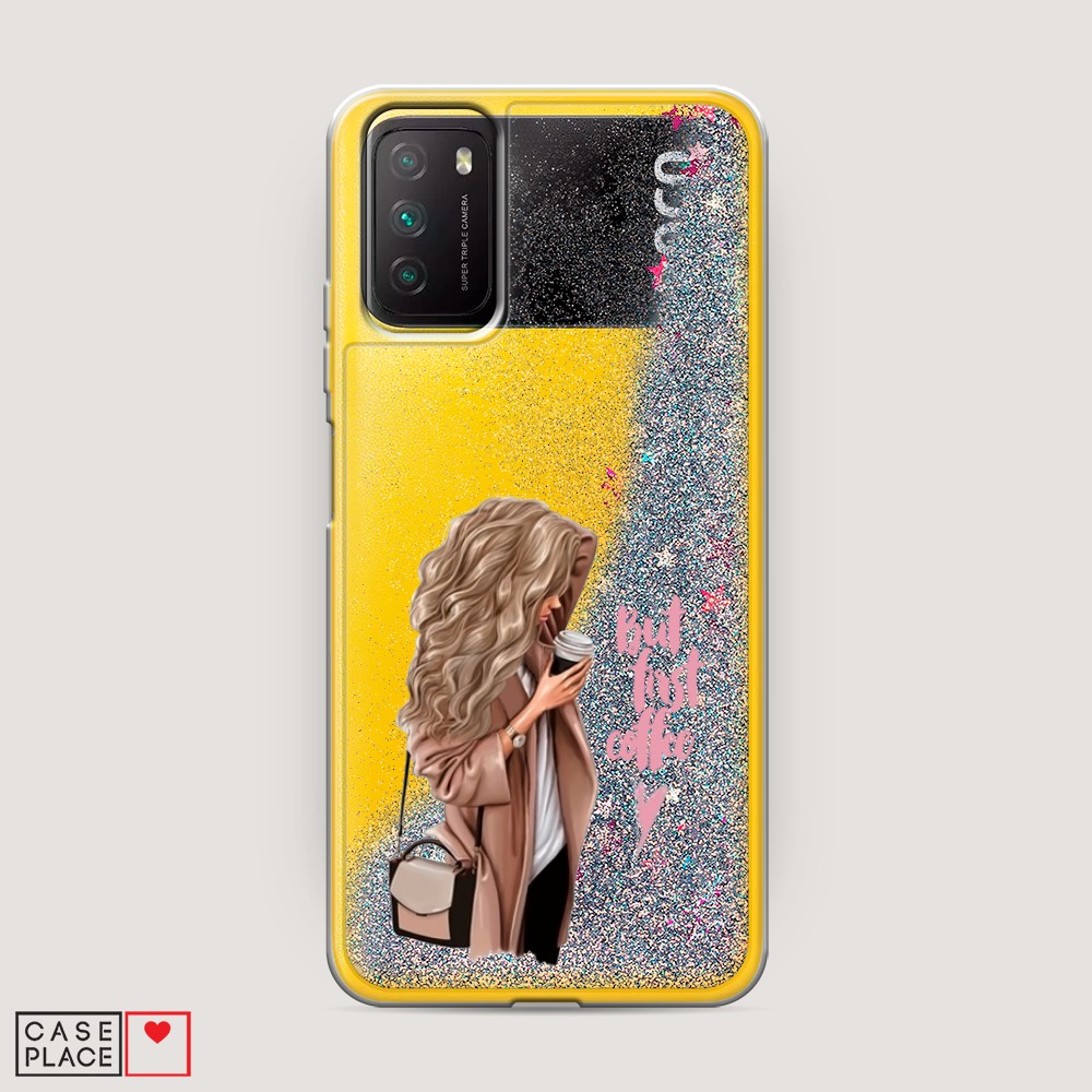 

Жидкий чехол с блестками "Девушка с кофе" на Xiaomi Poco M3, Девушка с кофе
