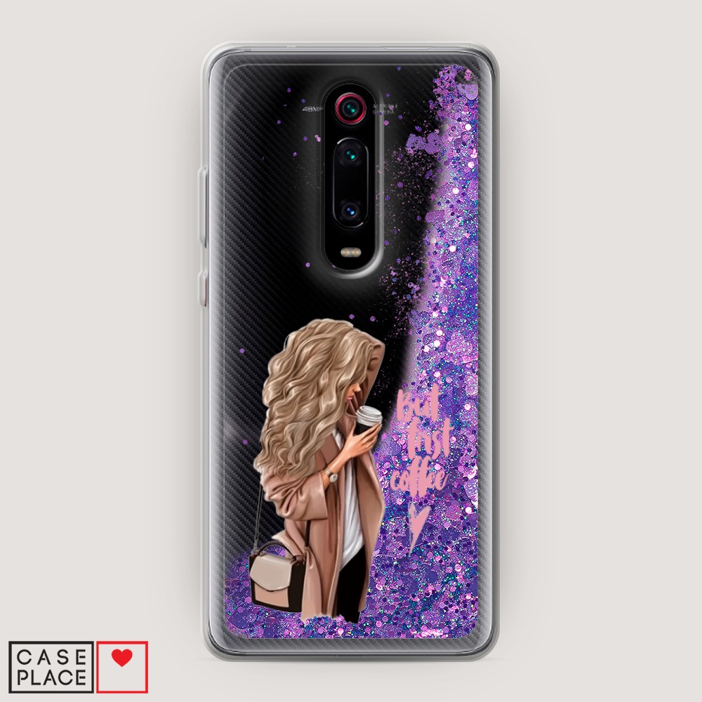 

Жидкий чехол с блестками "Девушка с кофе" на Xiaomi Mi 9T, Девушка с кофе