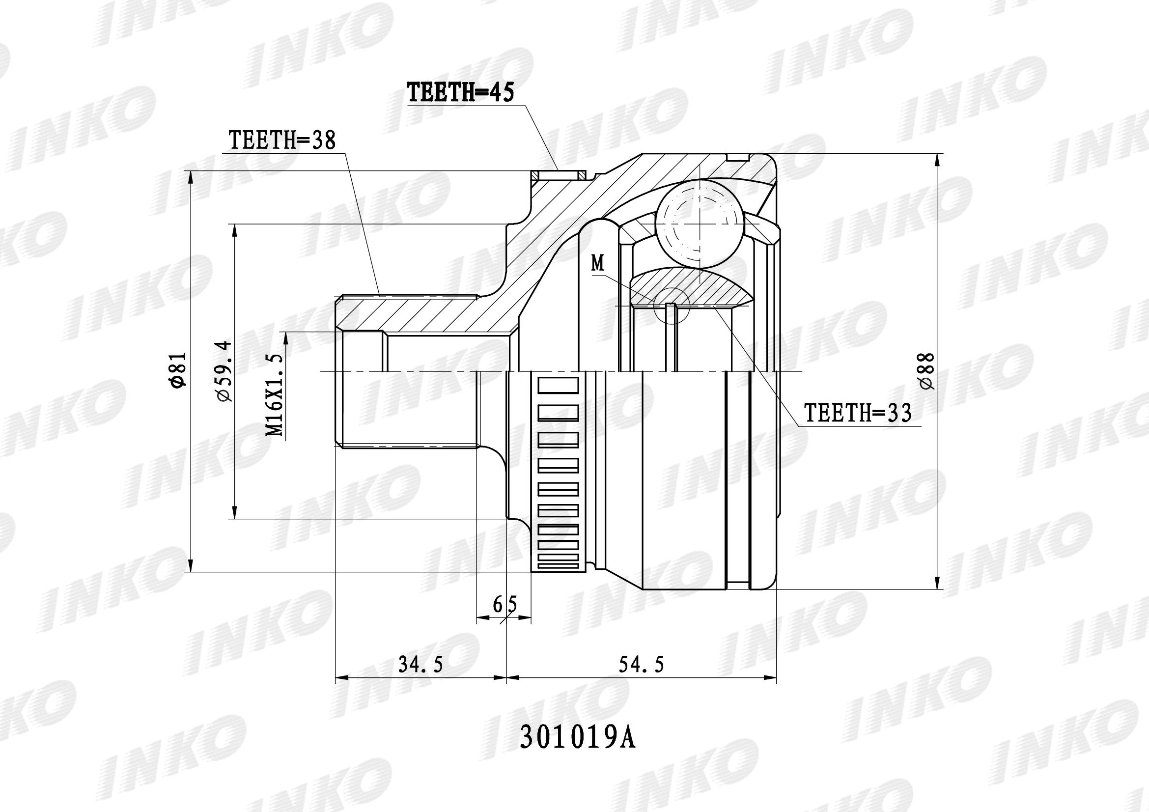 

Шрус Внешний 38/33 Abs 45 | Перед |Audi A4 (8e2;B6) 1.6 (75 Kw) 2000.11- INKO арт. 301019A