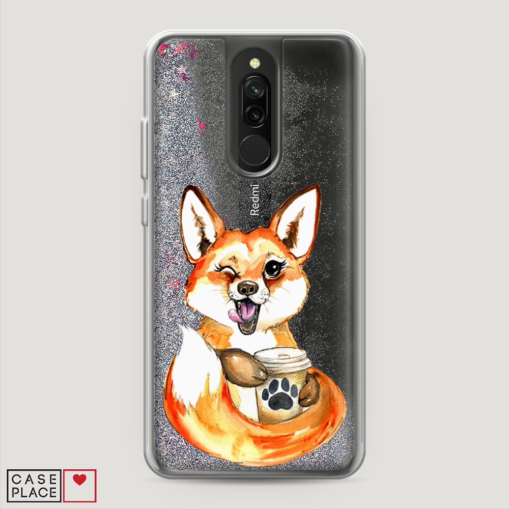 

Жидкий чехол с блестками "Подмигивающая лиса с кофе" на Xiaomi Redmi 8, 37191-1