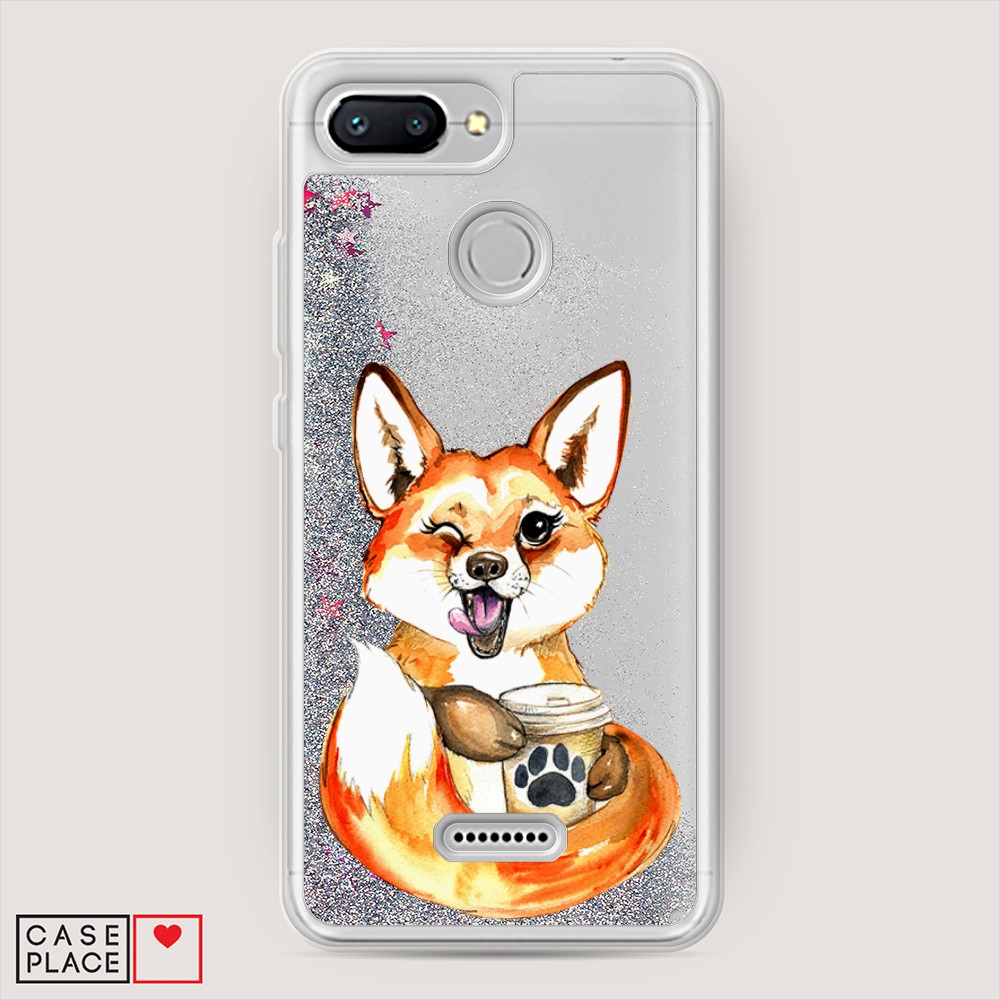 

Жидкий чехол с блестками "Подмигивающая лиса с кофе" на Xiaomi Redmi 6, 33891-1