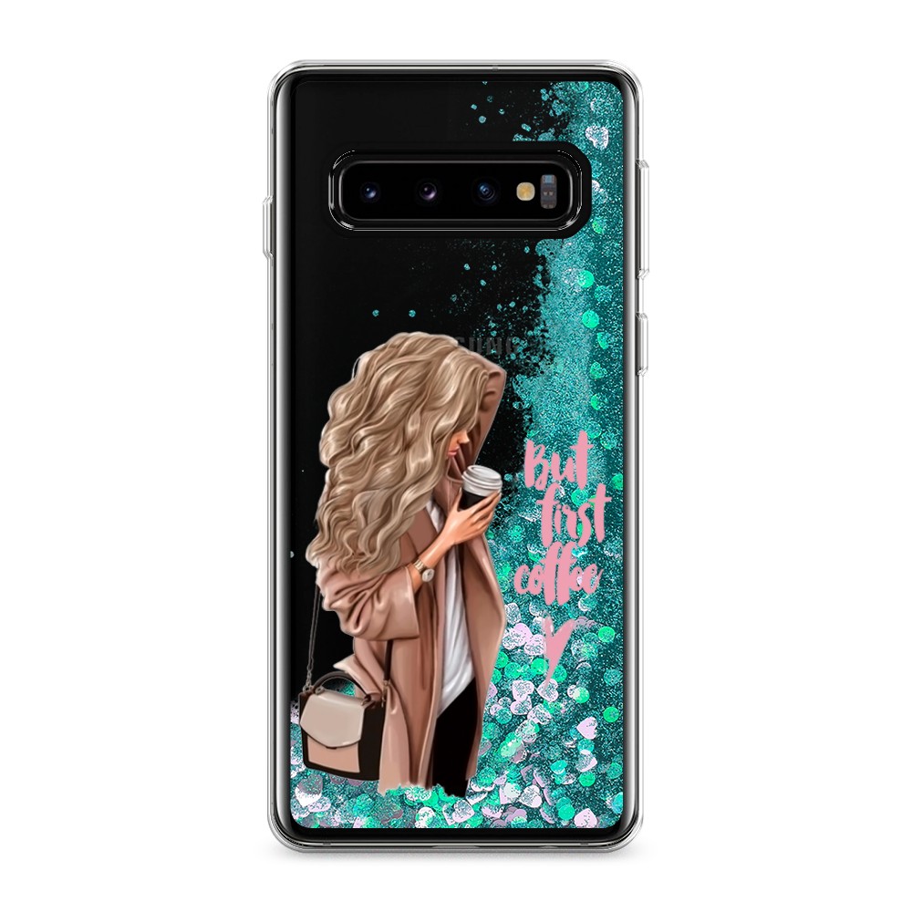 

Жидкий чехол с блестками "Девушка с кофе" на Samsung Galaxy S10, Девушка с кофе
