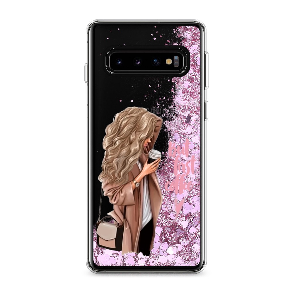 

Жидкий чехол с блестками "Девушка с кофе" на Samsung Galaxy S10, Девушка с кофе