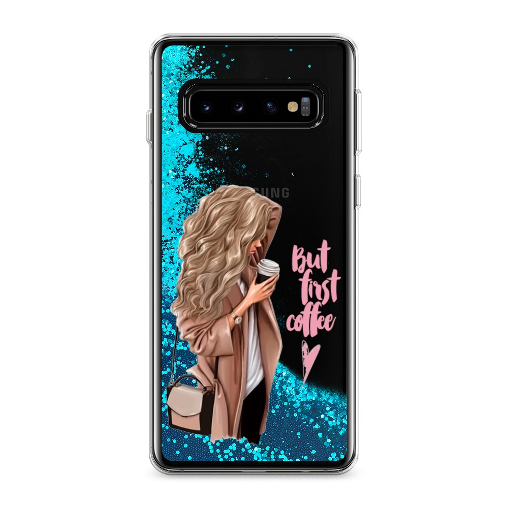 

Жидкий чехол с блестками "Девушка с кофе" на Samsung Galaxy S10, Девушка с кофе