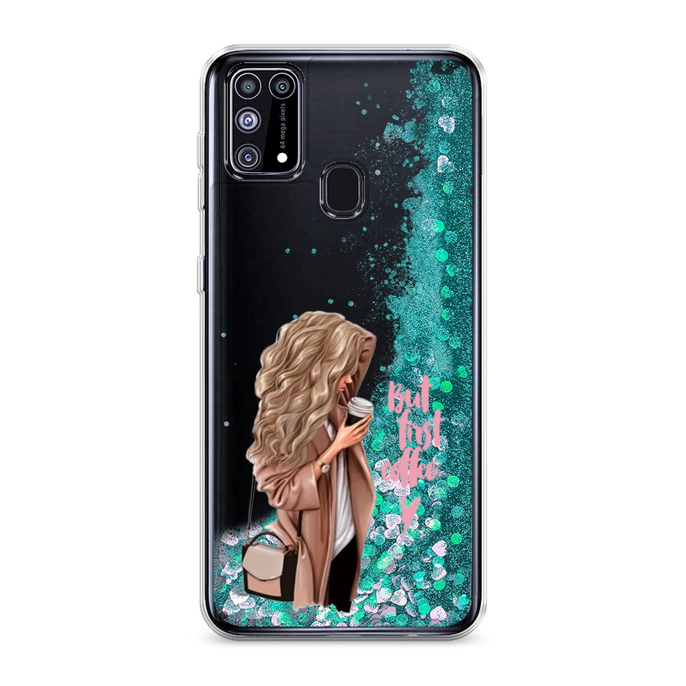 

Жидкий чехол с блестками "Девушка с кофе" на Samsung Galaxy M31, Девушка с кофе