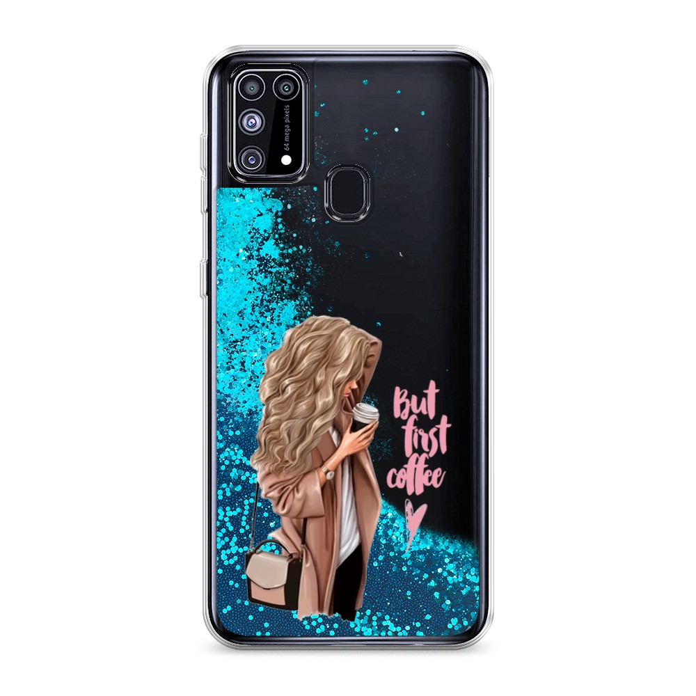 

Жидкий чехол с блестками "Девушка с кофе" на Samsung Galaxy M31, Девушка с кофе