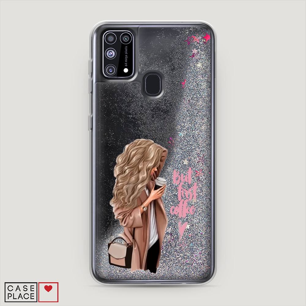 

Жидкий чехол с блестками "Девушка с кофе" на Samsung Galaxy M31, Девушка с кофе