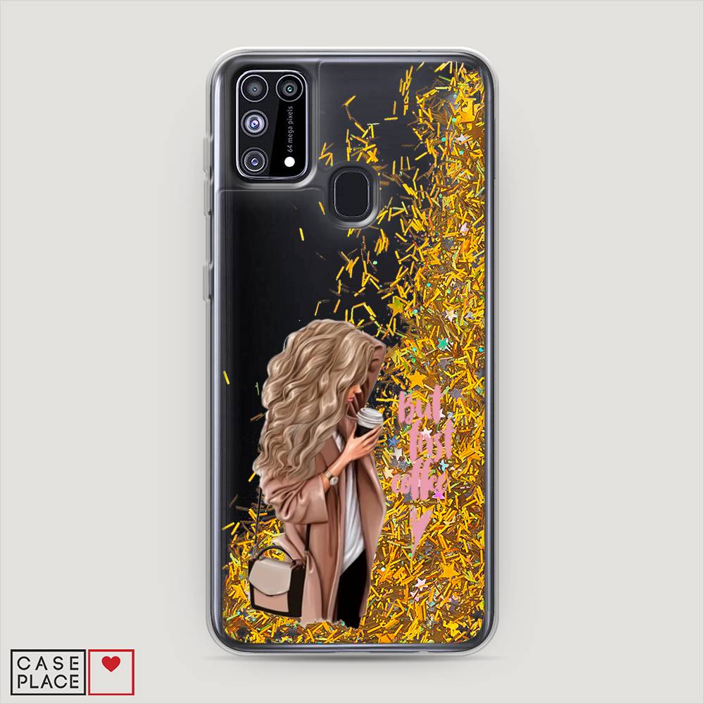 

Жидкий чехол с блестками "Девушка с кофе" на Samsung Galaxy M31, Девушка с кофе