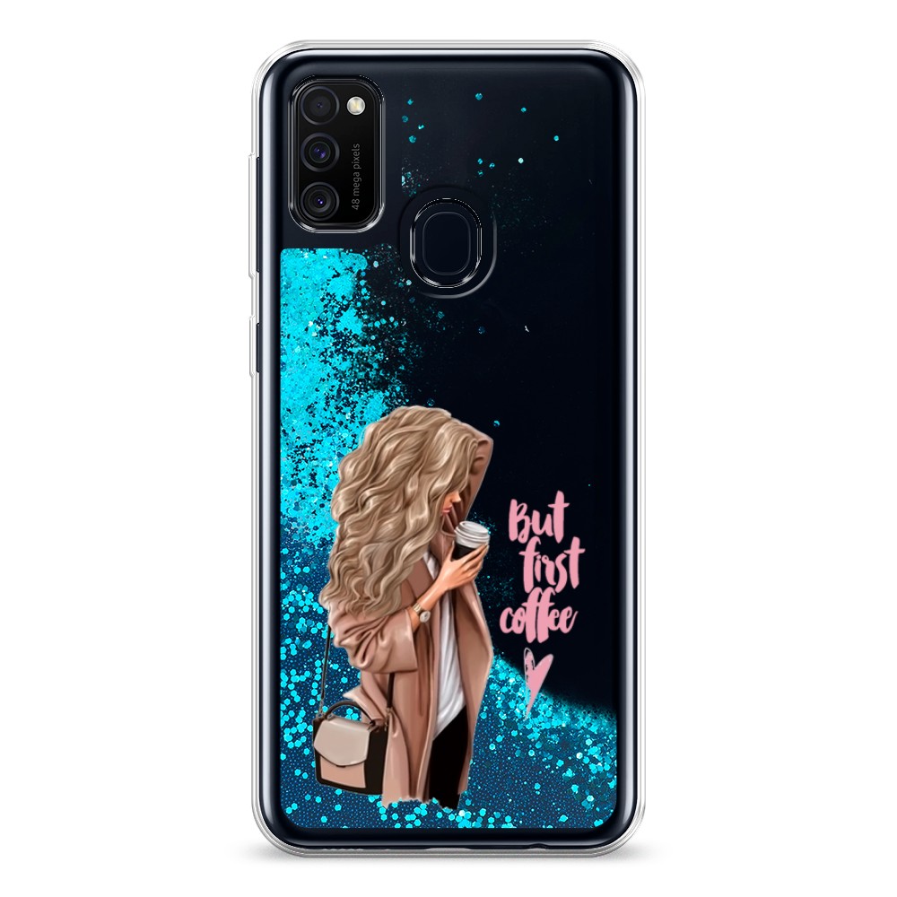 

Жидкий чехол с блестками "Девушка с кофе" на Samsung Galaxy M30s, Девушка с кофе