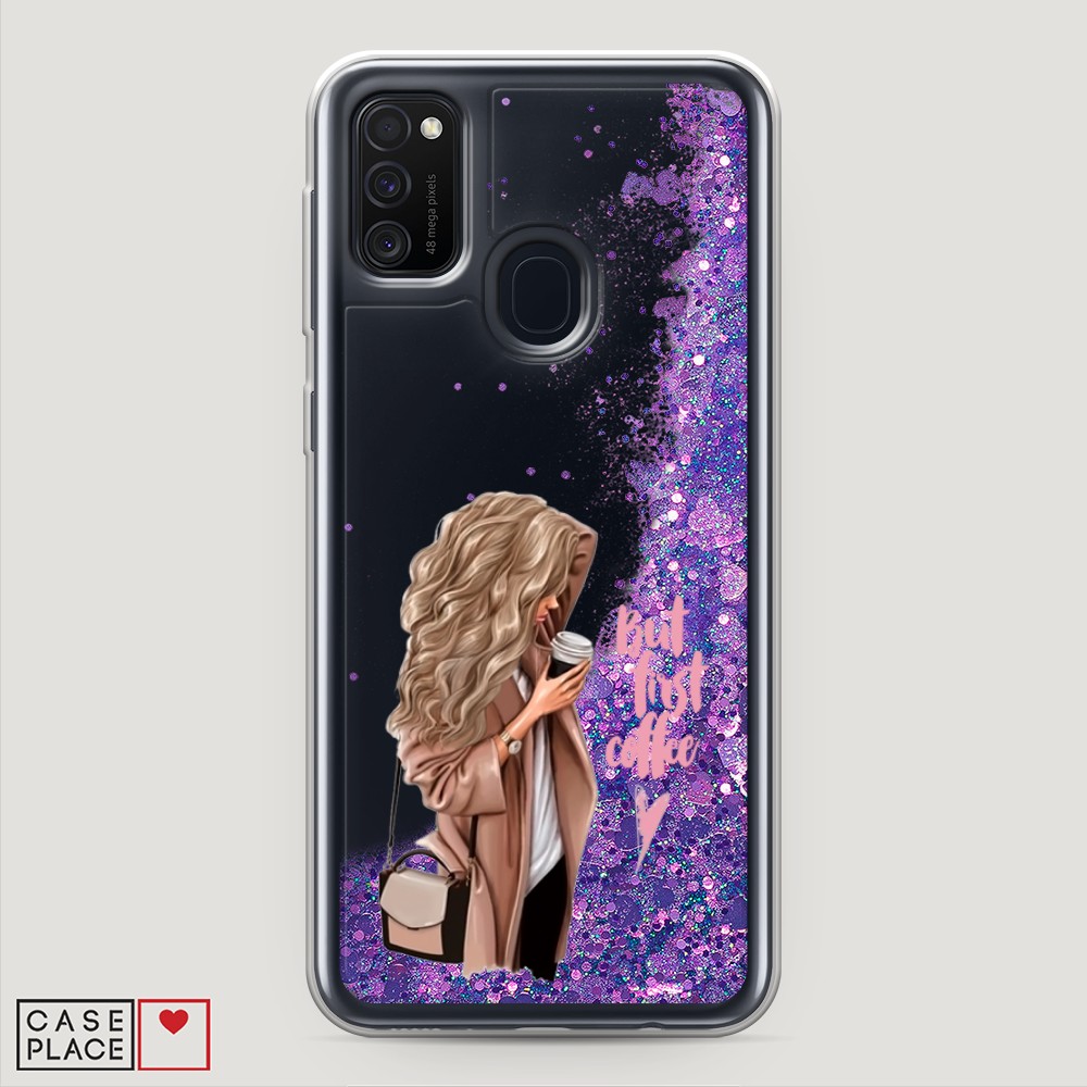 

Жидкий чехол с блестками "Девушка с кофе" на Samsung Galaxy M30s, Девушка с кофе