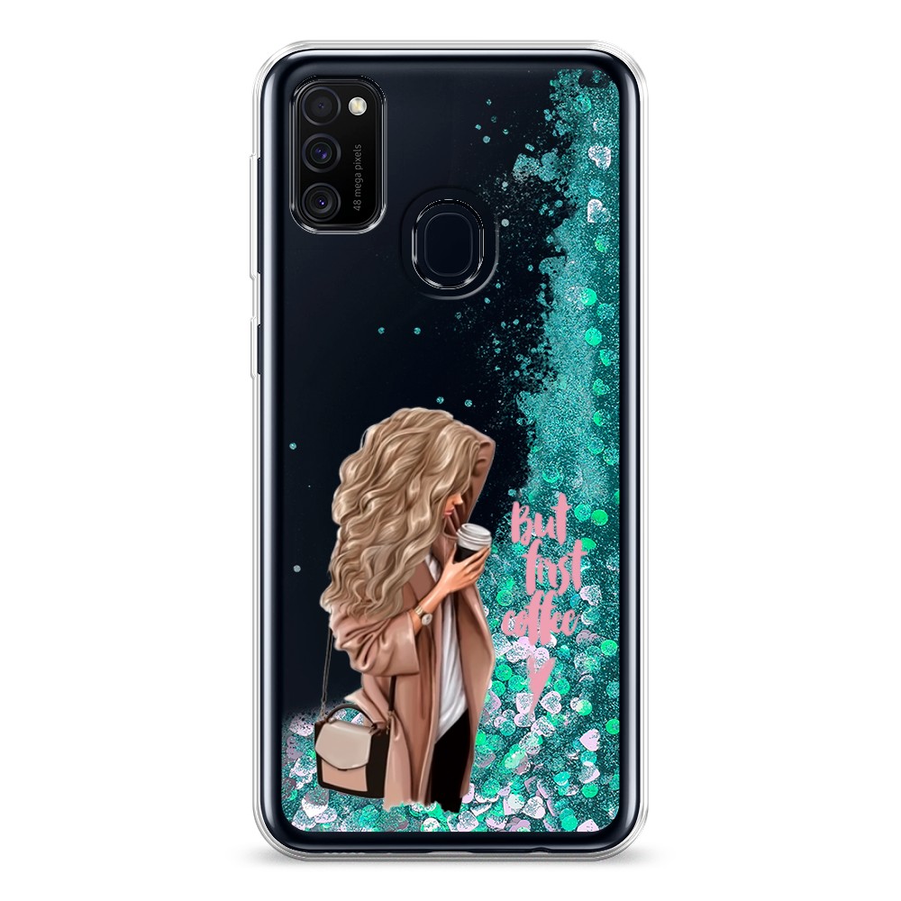 

Жидкий чехол с блестками "Девушка с кофе" на Samsung Galaxy M21, Девушка с кофе