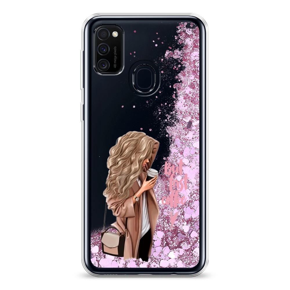 

Жидкий чехол с блестками "Девушка с кофе" на Samsung Galaxy M21, Девушка с кофе