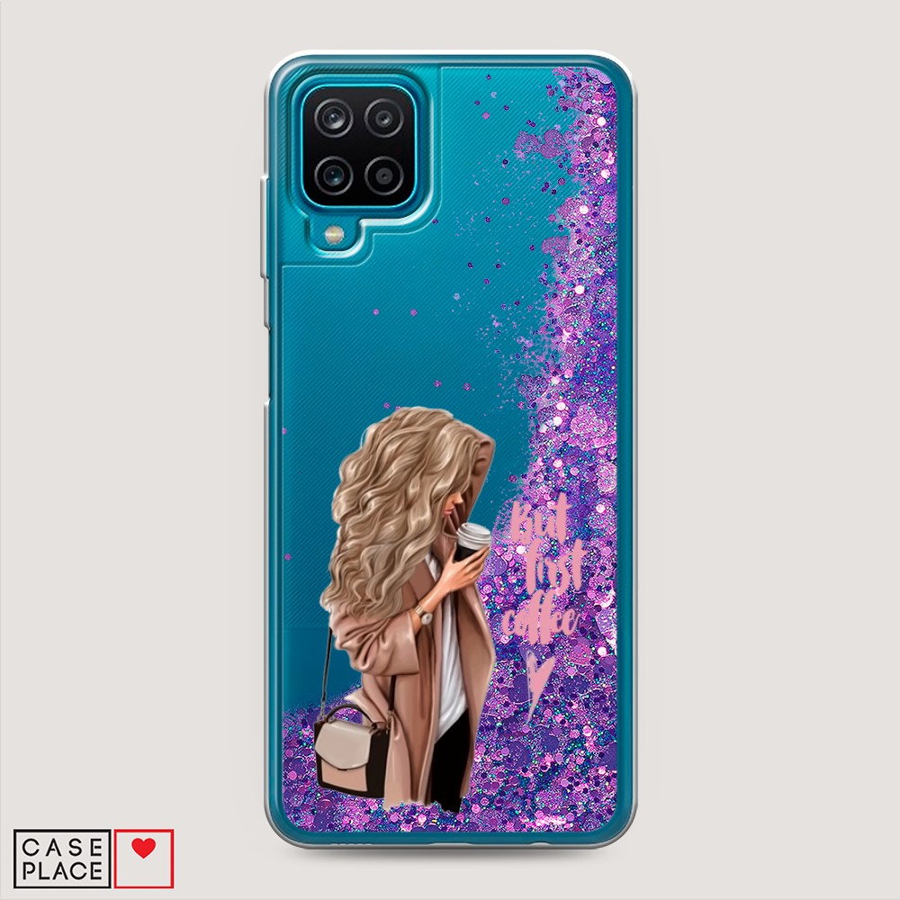 

Жидкий чехол с блестками "Девушка с кофе" на Samsung Galaxy M12, Девушка с кофе