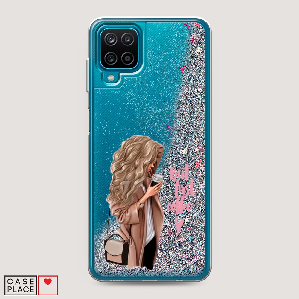 

Жидкий чехол с блестками "Девушка с кофе" на Samsung Galaxy M12, Девушка с кофе