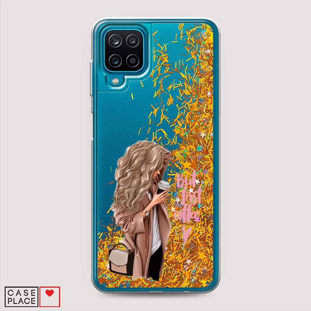 

Жидкий чехол с блестками "Девушка с кофе" на Samsung Galaxy M12, Девушка с кофе