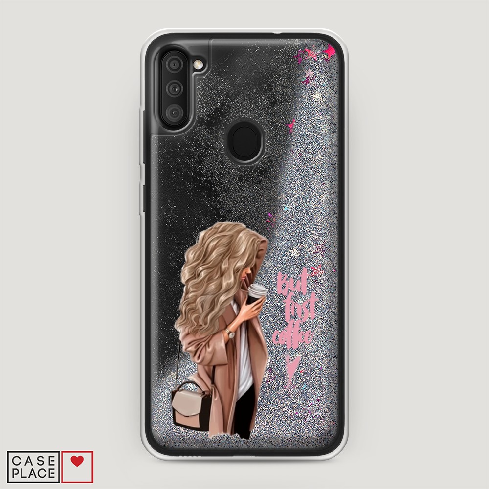 

Жидкий чехол с блестками "Девушка с кофе" на Samsung Galaxy M11, Девушка с кофе