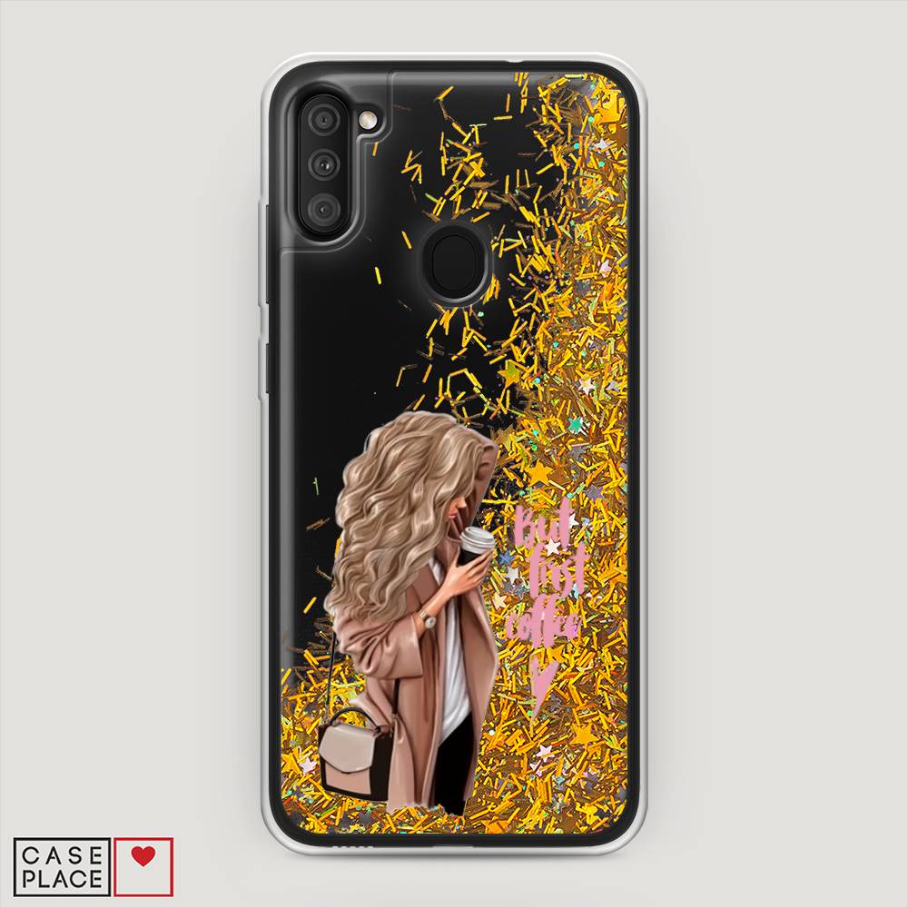 

Жидкий чехол с блестками "Девушка с кофе" на Samsung Galaxy M11, Девушка с кофе