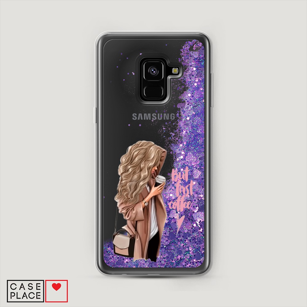 

Жидкий чехол с блестками "Девушка с кофе" на Samsung Galaxy A8 2018, Девушка с кофе