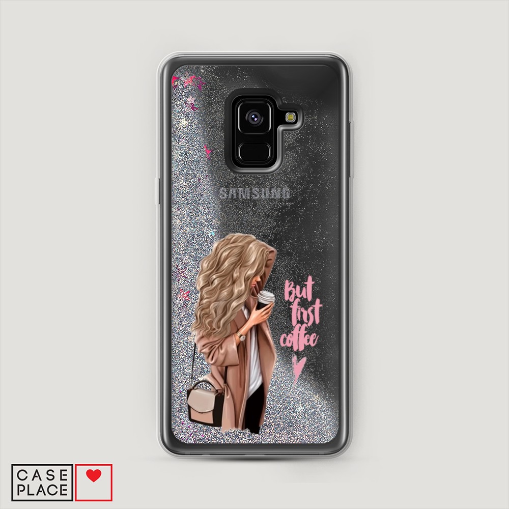 

Жидкий чехол с блестками "Девушка с кофе" на Samsung Galaxy A8 2018, Девушка с кофе