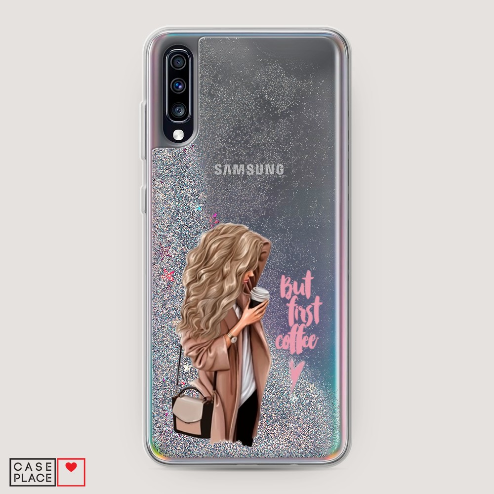 

Жидкий чехол с блестками "Девушка с кофе" на Samsung Galaxy A70, Девушка с кофе