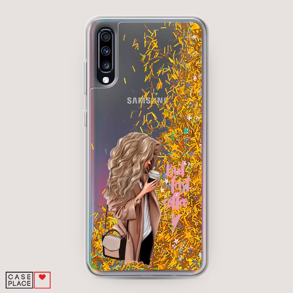 

Жидкий чехол с блестками "Девушка с кофе" на Samsung Galaxy A70, Девушка с кофе