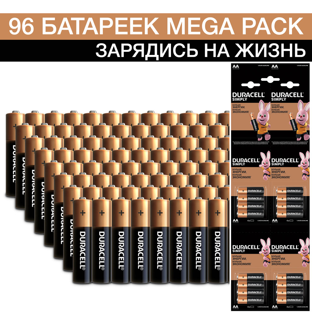 Батарейка Duracell AA (LR6) Mega Pack (6*16), 96 шт батарейки duracell aaa 1 5в 18 шт