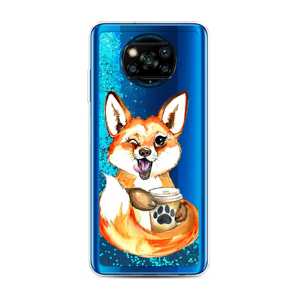 

Жидкий чехол с блестками "Подмигивающая лиса с кофе" на Xiaomi Poco X3 NFC, 39293-1