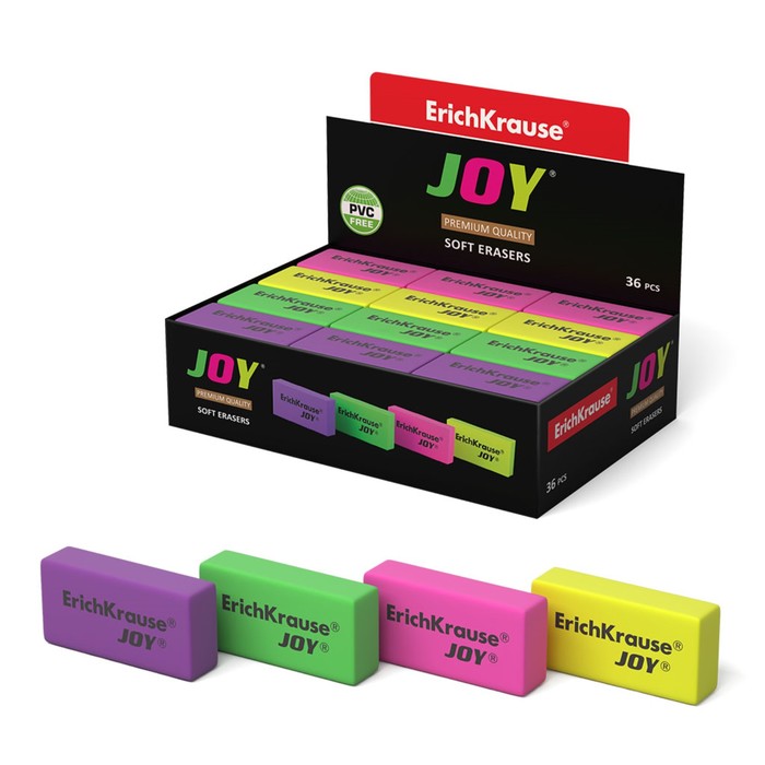 

Ластик ErichKrause Joy, 50 х 22 х 12 мм, мягкий, гипоаллергенный, МИКС (36 шт.)