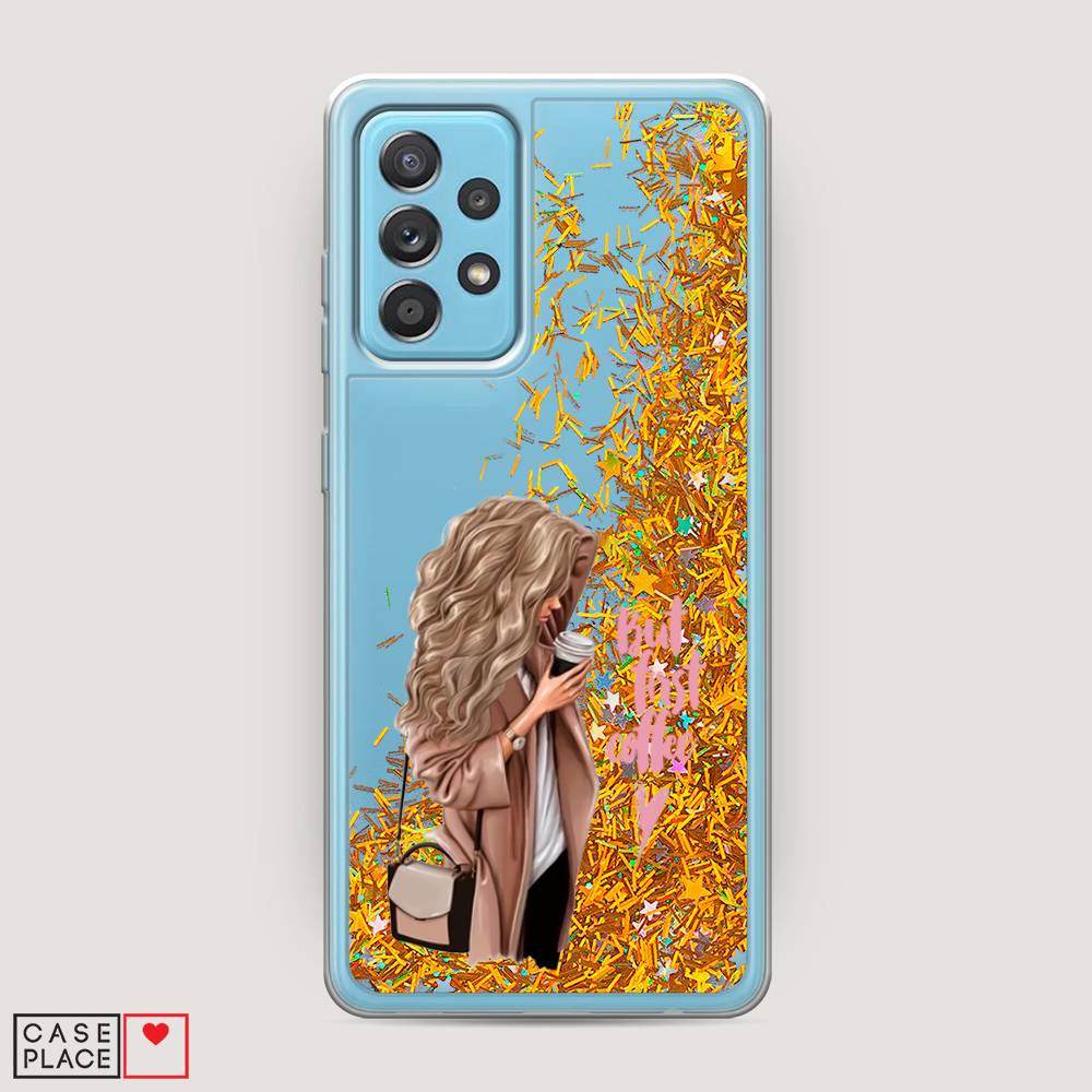 

Жидкий чехол с блестками "Девушка с кофе" на Samsung Galaxy A52, Девушка с кофе
