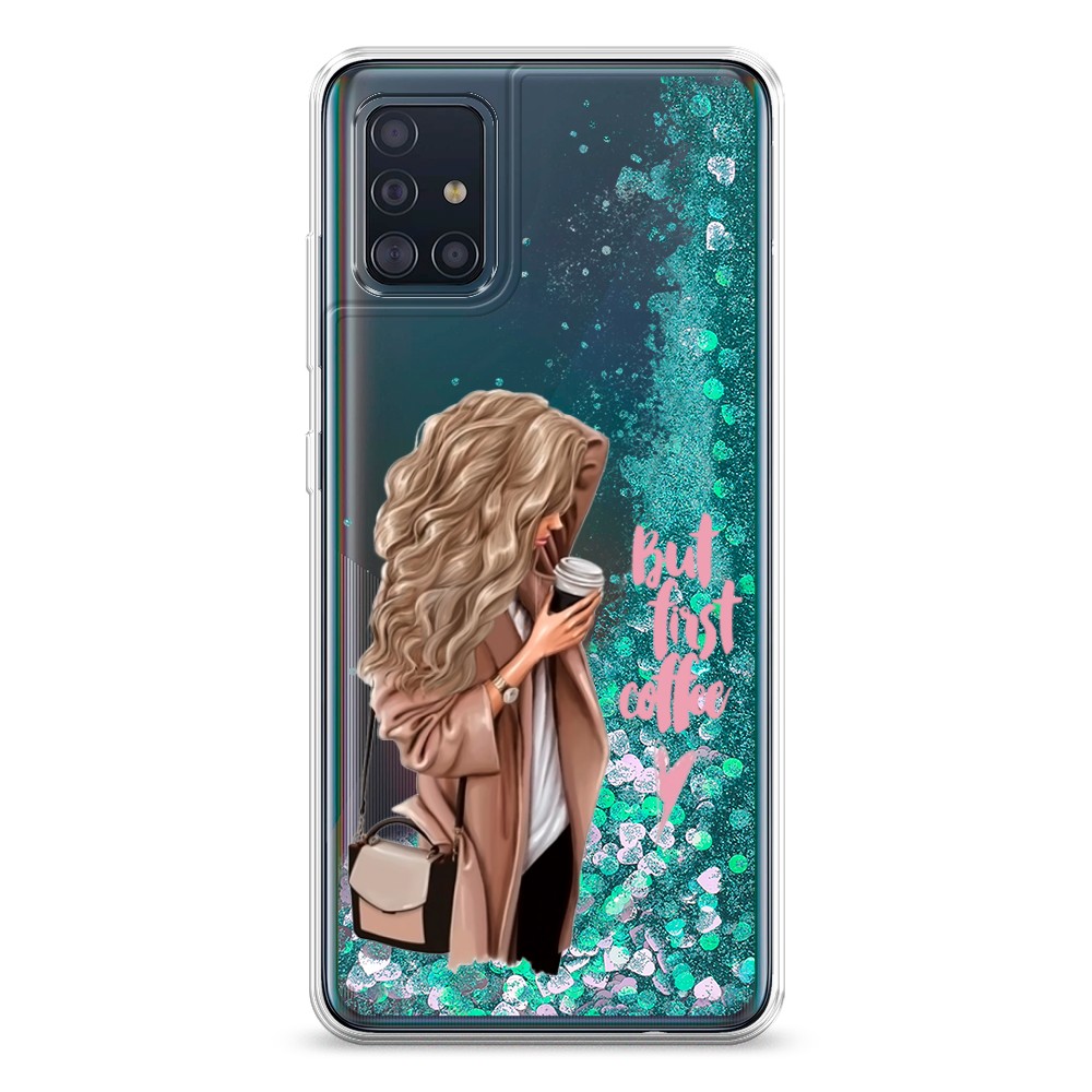 

Жидкий чехол с блестками "Девушка с кофе" на Samsung Galaxy A51, Девушка с кофе
