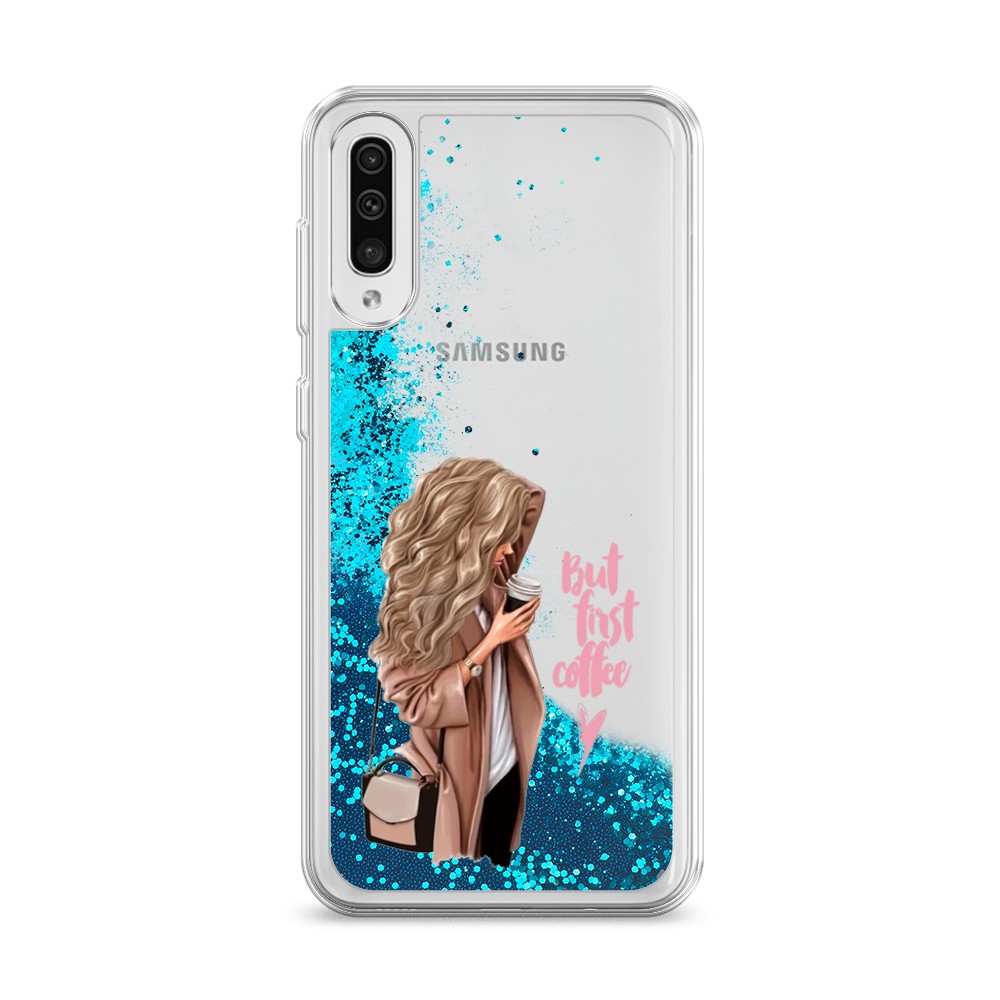 

Жидкий чехол с блестками "Девушка с кофе" на Samsung Galaxy A50, Девушка с кофе