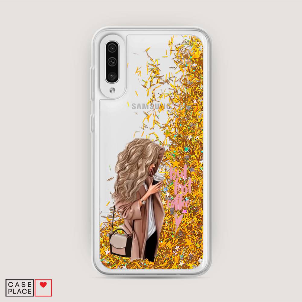 

Жидкий чехол с блестками "Девушка с кофе" на Samsung Galaxy A50, Девушка с кофе