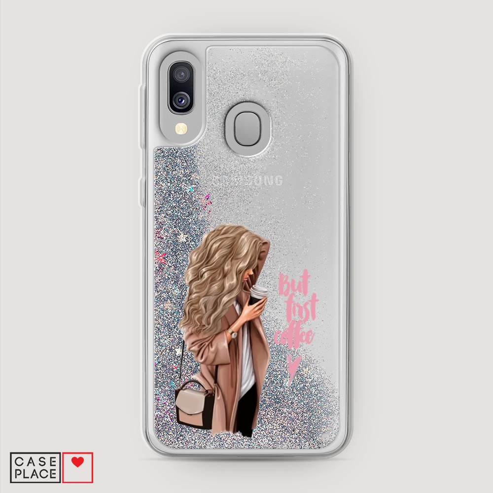 

Жидкий чехол с блестками "Девушка с кофе" на Samsung Galaxy A40, Девушка с кофе