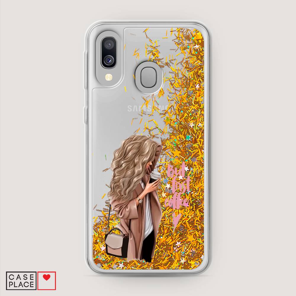

Жидкий чехол с блестками "Девушка с кофе" на Samsung Galaxy A40, Девушка с кофе