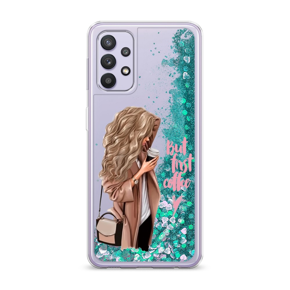 

Жидкий чехол с блестками "Девушка с кофе" на Samsung Galaxy A32, Девушка с кофе