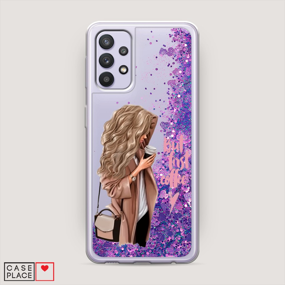 

Жидкий чехол с блестками "Девушка с кофе" на Samsung Galaxy A32, Девушка с кофе