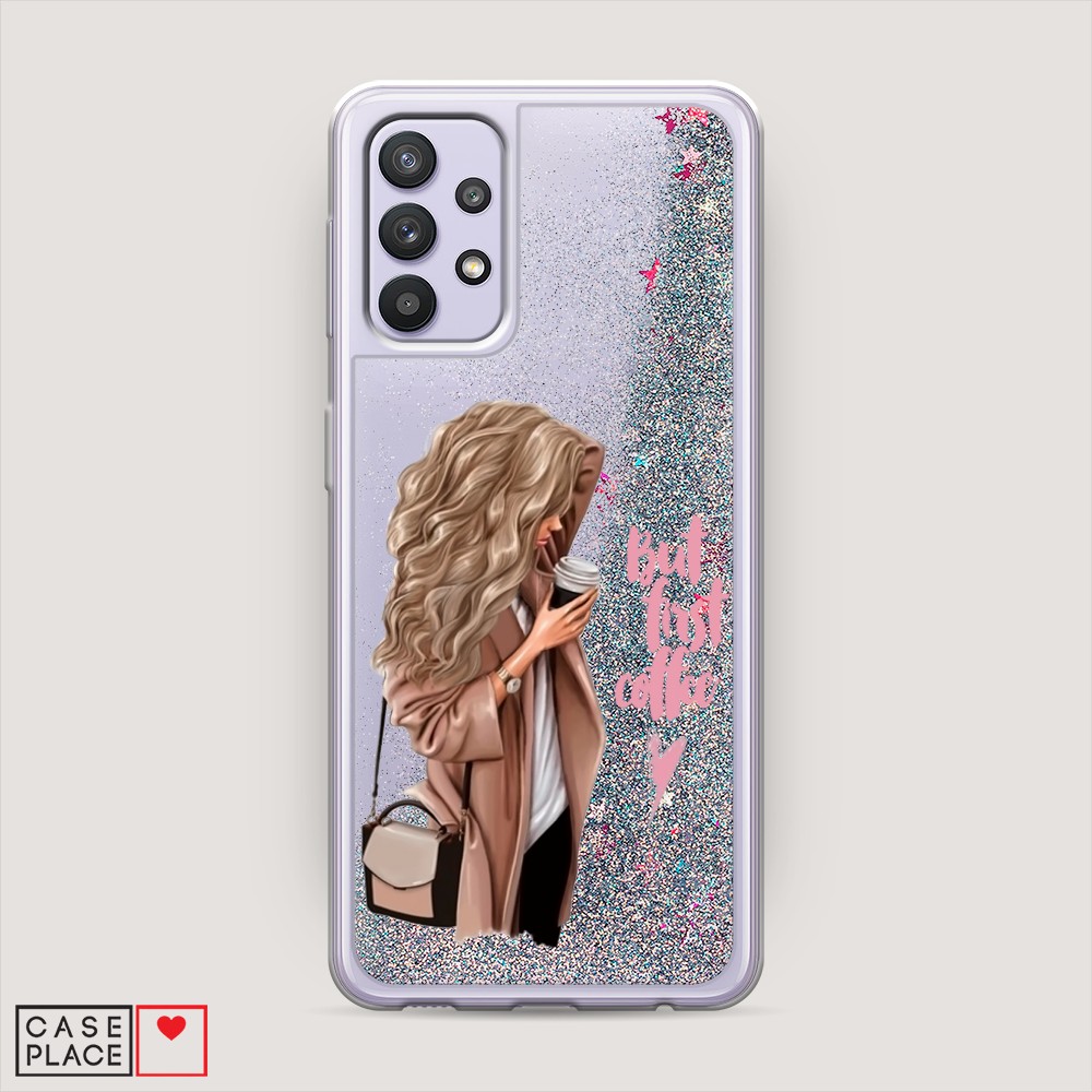 

Жидкий чехол с блестками "Девушка с кофе" на Samsung Galaxy A32, Девушка с кофе