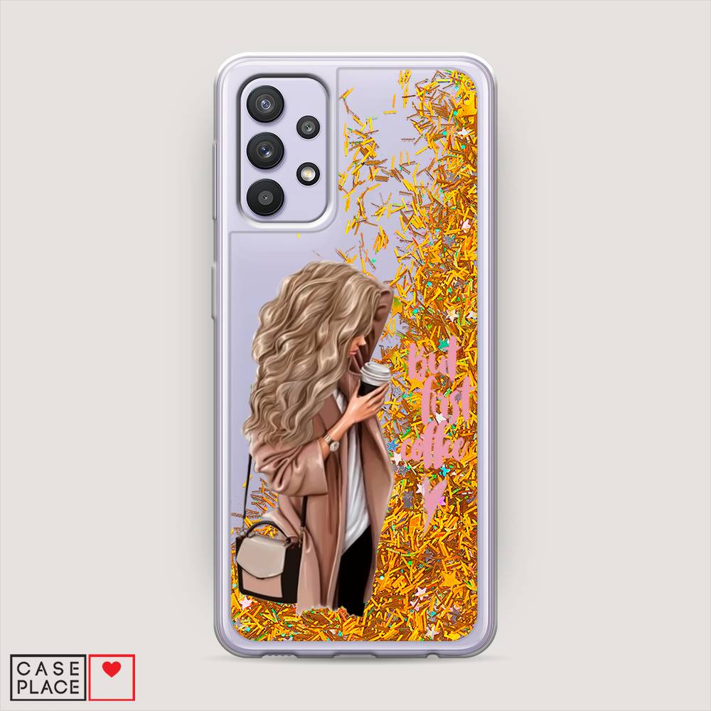 

Жидкий чехол с блестками "Девушка с кофе" на Samsung Galaxy A32, Девушка с кофе