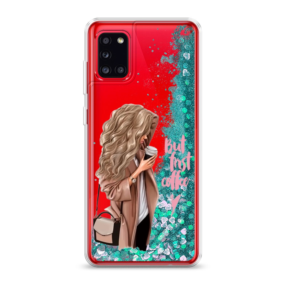 

Жидкий чехол с блестками "Девушка с кофе" на Samsung Galaxy A31, Девушка с кофе