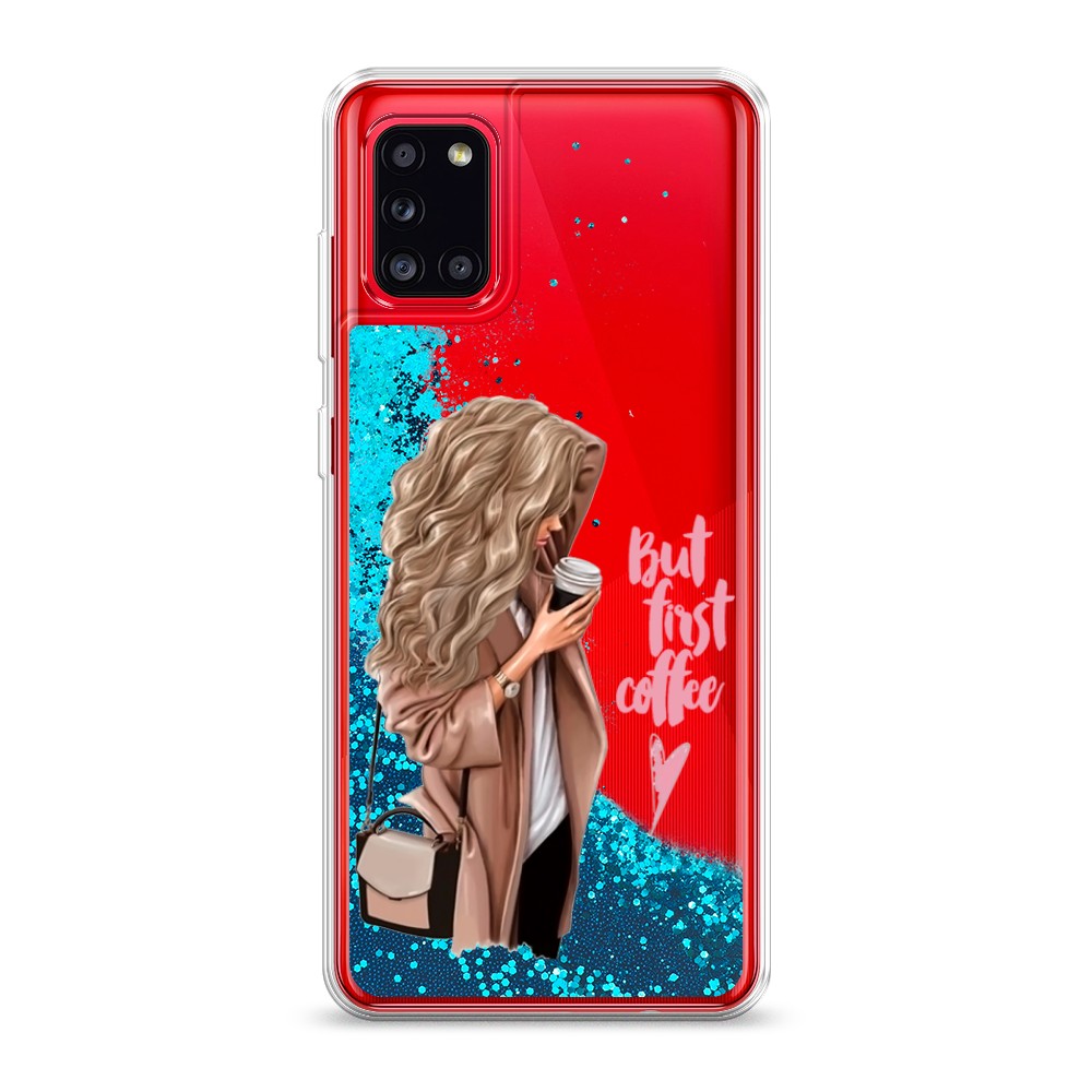 

Жидкий чехол с блестками "Девушка с кофе" на Samsung Galaxy A31, Девушка с кофе